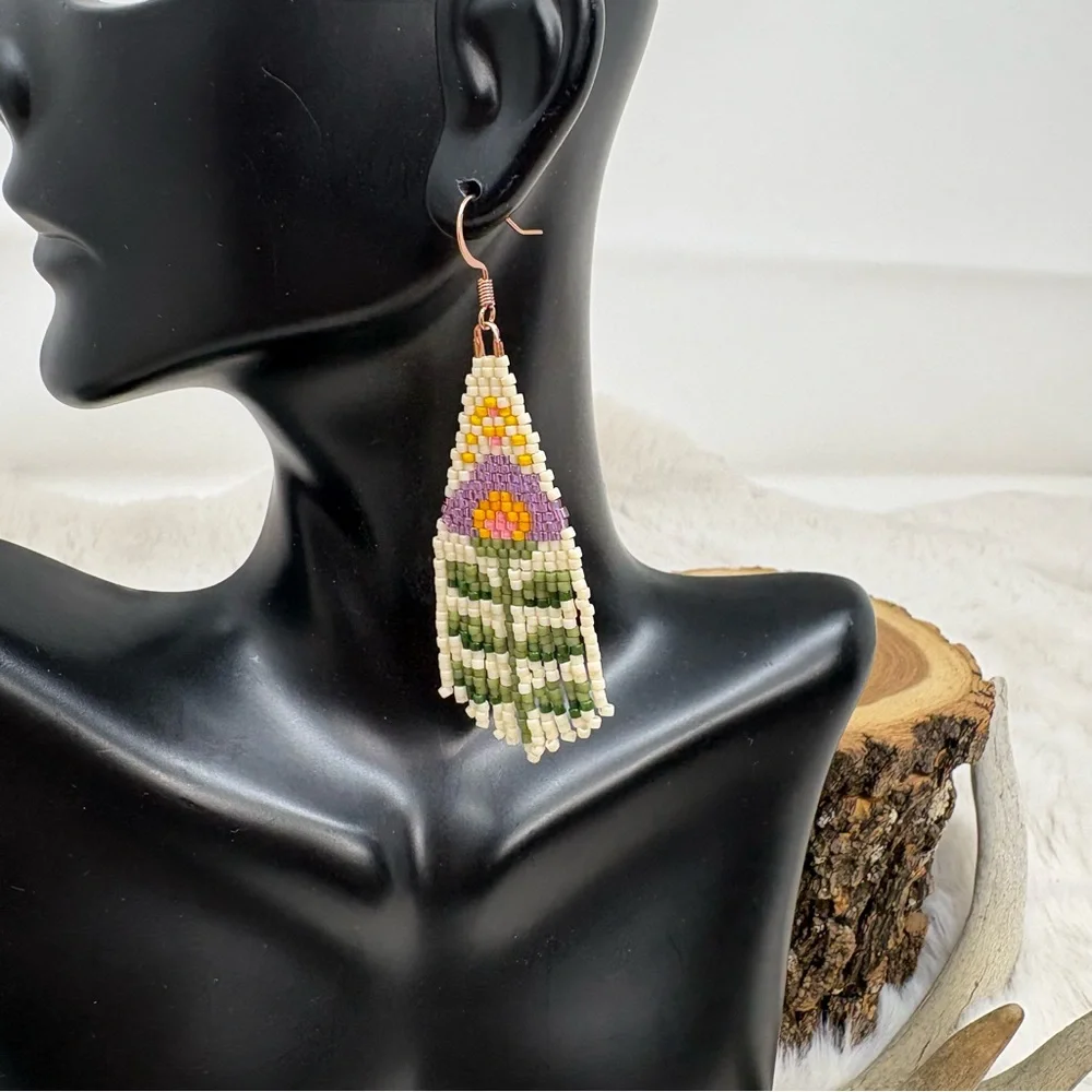 Beaded Fringe Flower Earrings - Picture 2 of 4